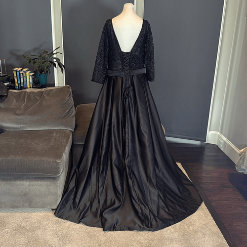Women’s Black Satin 3/4 Sleeve Sparkly Sheer Bodice Formal Dress LegSlit Size 14 - Picture 4 of 10