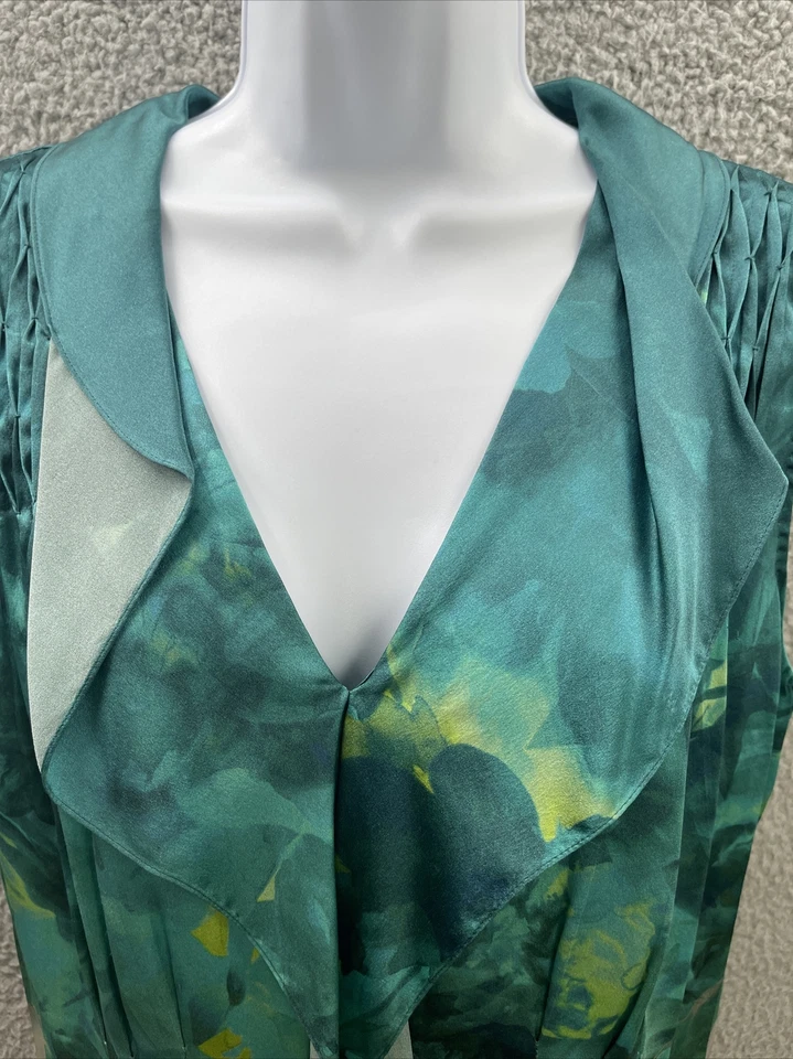 Blusa Blusa Mujer Elie Tahari Talla XL 100% Seda Acuarelas Verde Amarillo Foto 4 de 4