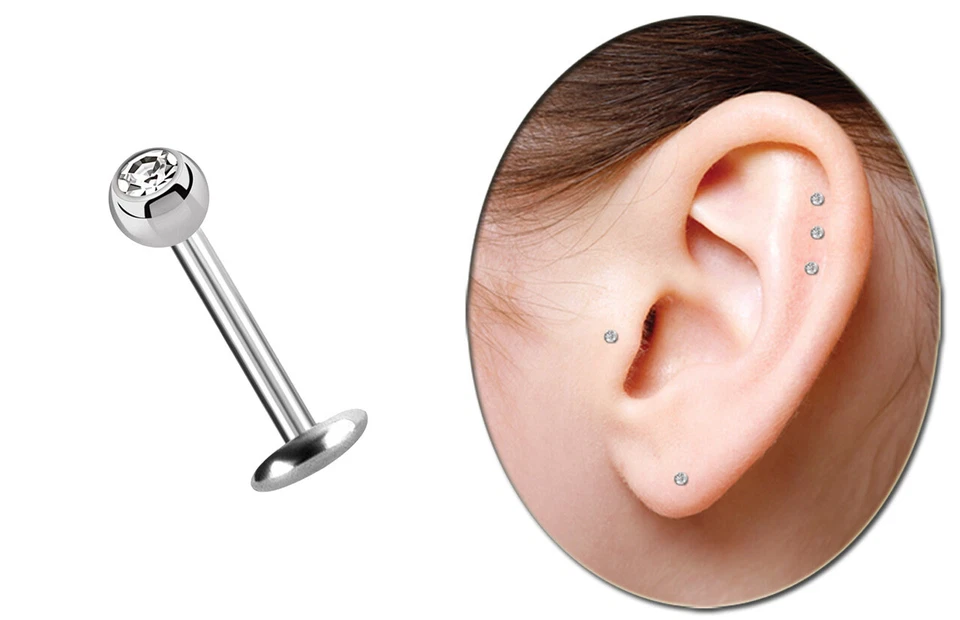 Titan Orecchio Cheek Piercing Labbro Labret Stud 1,2mm Con 3mm Sfere Cristallo - Immagine 4 di 4