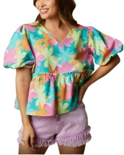 NWOT FANTASTIC FAWN Boutique Womens Bright Flower Babydoll Top Size L Colorful