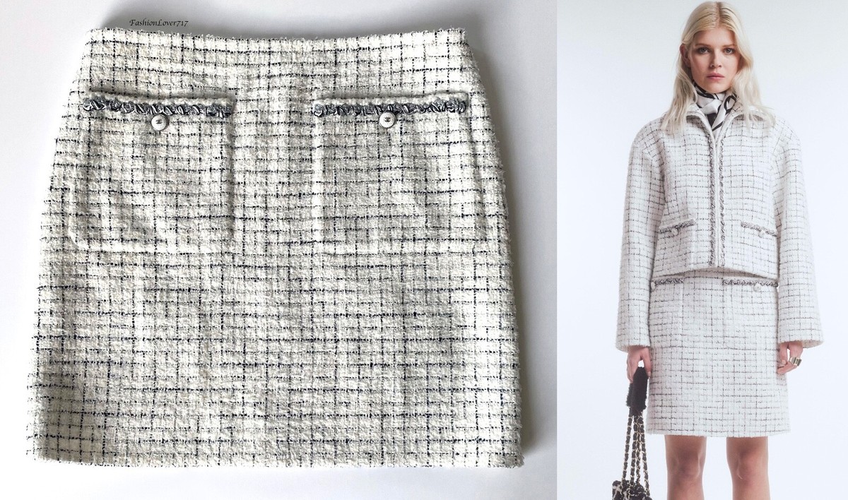 CHANEL 21B WHITE BLACK SILVER TWEED MINI SKIRT 50 | eBay