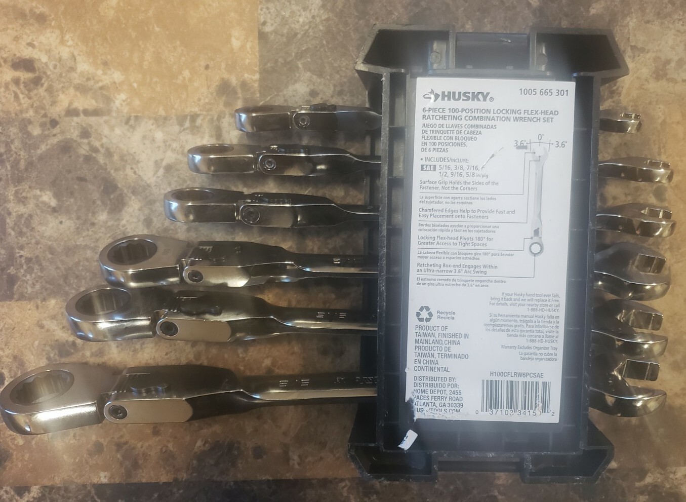 New! Husky 6 Pc SAE 100 Position Locking Flex Head Ratcheting Set 1005