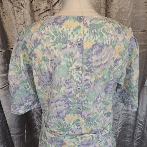 Vintage Laura Ashley Linen Dress Blue Floral UK 16 Midi Length Half Sleeve Flare - Picture 10 of 13