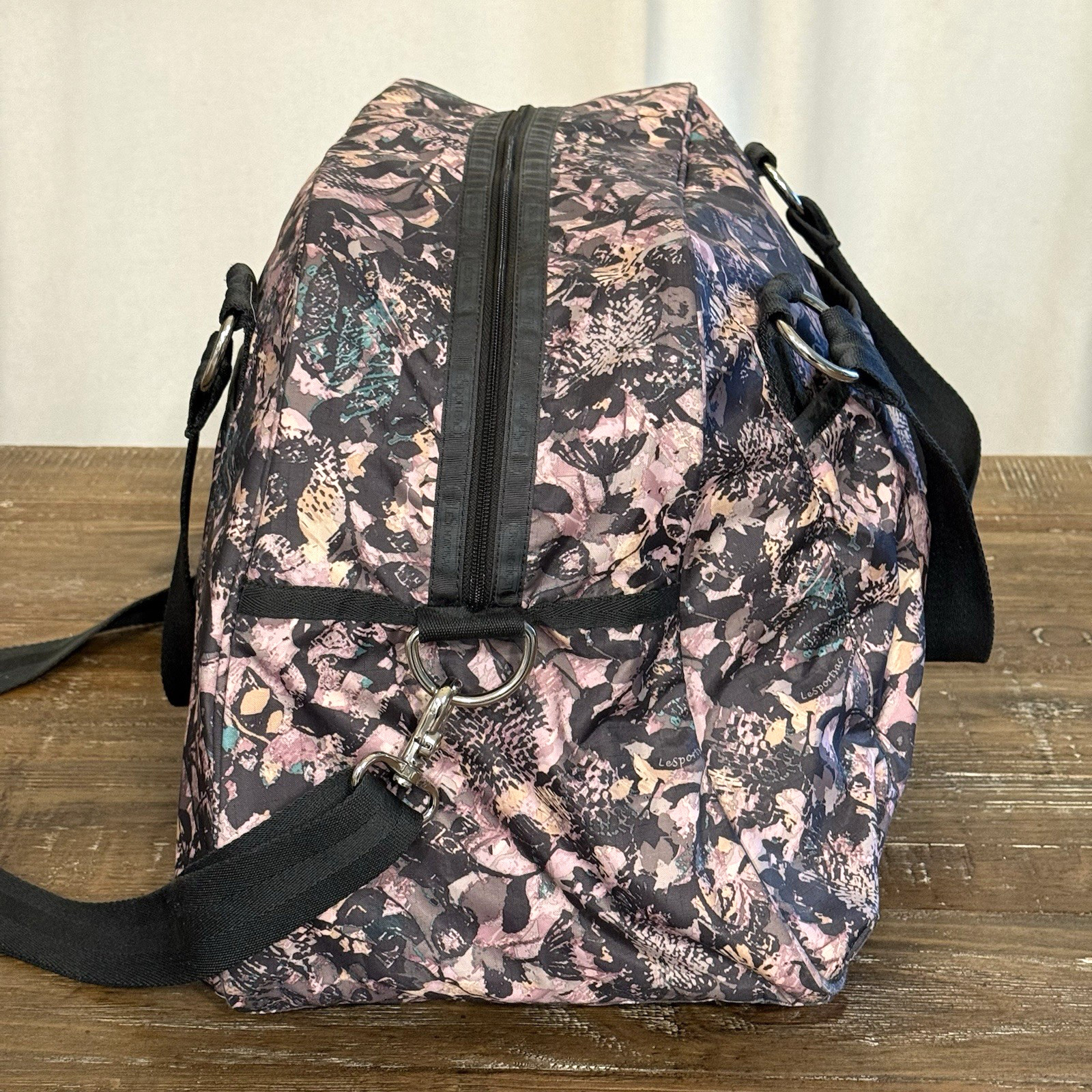 LeSportsac Duffle Bag Pink Black Floral Large Weekender Overnight Travel Tote