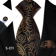 Classic Polka Dot Black Gold Jacquard Silk Men's Tie Necktie Hanky Cufflink Set