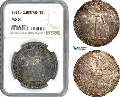 AH617, Great Britain, Trade Dollar 1911 B, Bombay Mint, Silver, NGC MS61