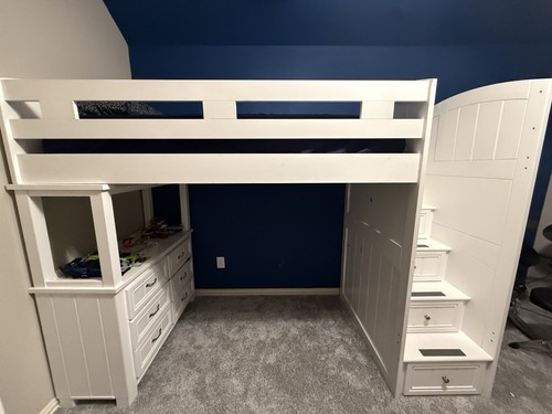 White Wood Loft Bed Twin with Stairs, 5 Drawers, Built-in Desk for Kids Teens