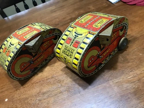 Lot of 2 MARX Wind Up 1930's Toy US Army Turnover Tank No. 3