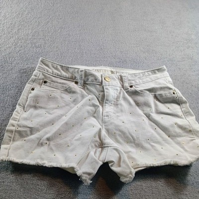 Jennifer Lopez Women Denim Shorts White 2 Gold Studded Raw Hem Vintage