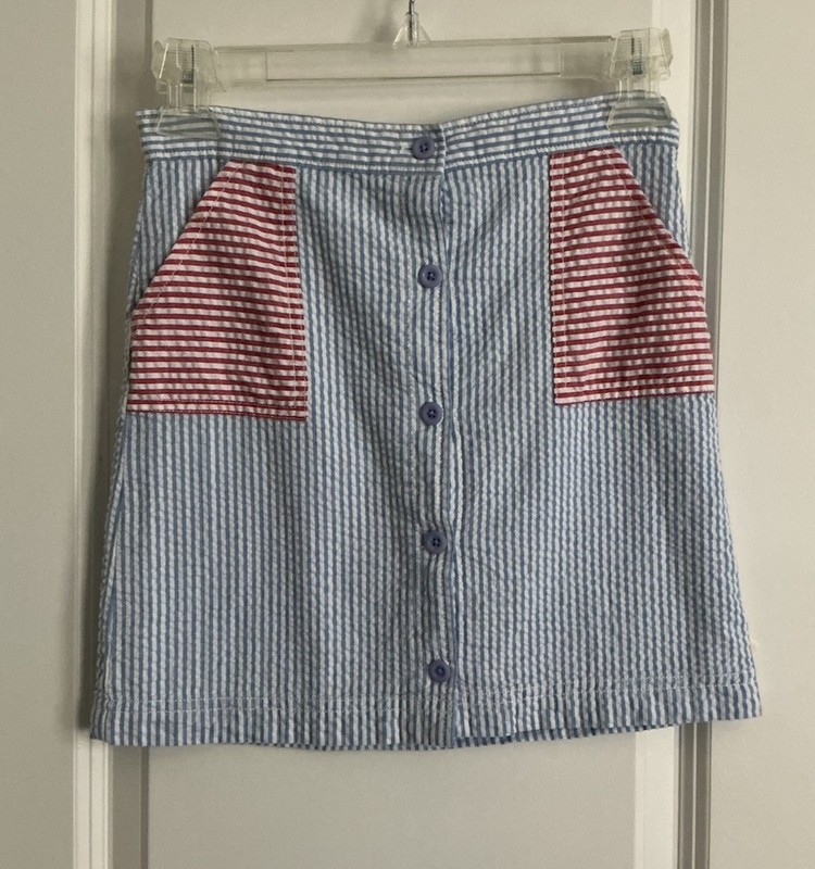 VINEYARD VINES-Sz.8-Girl’s Seersucker Skirt-Stripe-Button Front-Red, Blue, White