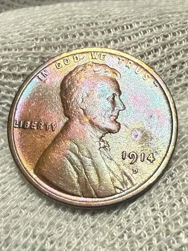 LINCOLN WHEAT CENT 1914 D HIGH GRADE AU++  VERY RARE CRISP Toned