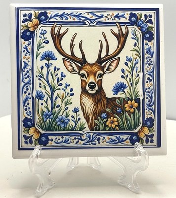 Woodland Deer Ceramic Tile Blue White Floral Nature Art 4x4 w Display Stand