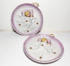 2 Vtg 3D Sleeping Baby Wall Plates Pink Kitsch Nursery Decor Taiwan 1980s Set 2