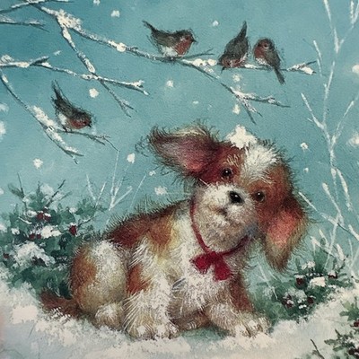 Vtg Christmas Card UNUSED Dog Fluffy Brown White Birds Hazel Lincoln W/env