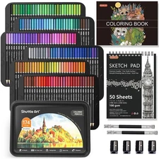 174 Colors Professional Pencils Set with Book, Sketch Pad, Sharpener & Extenders