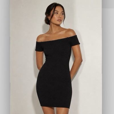 Hunza G Grace Black Off Shoulder Textured Crinkle Mini Dress One Size NWT