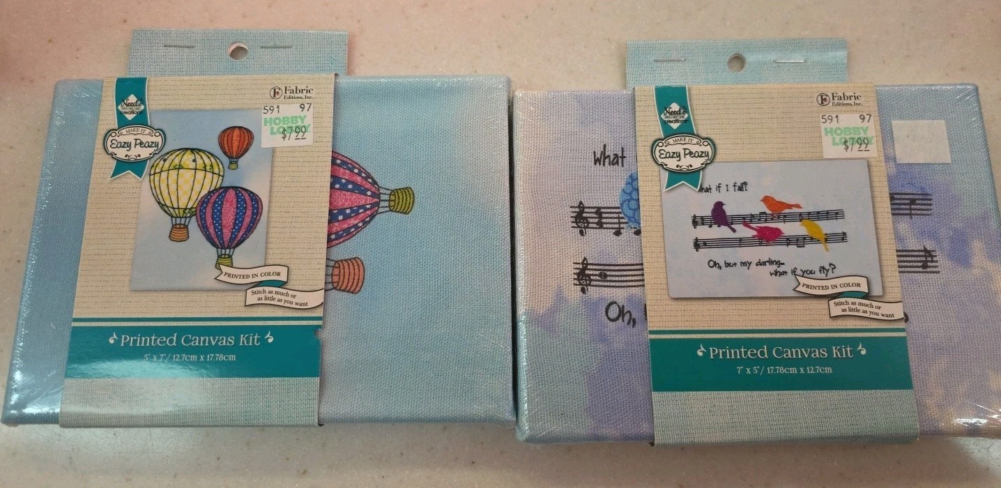 2 Eazy Peazy Printed Canvas Stitching Kits - Balloons & Song Birds