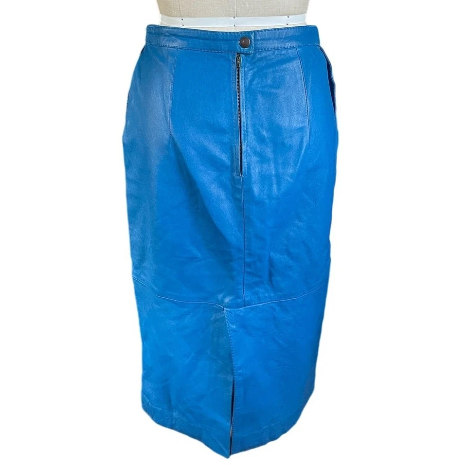 Falda midi vintage de cuero azul Nina Ricci talla 8-10 Foto 3 de 4