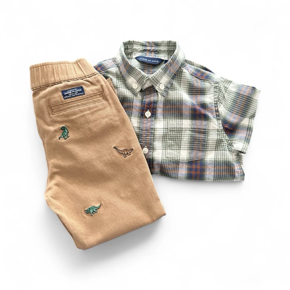 Janie and Jack Plaid Shirt with Tan dinosaurs Embroidered Pants - Image 2 of 4