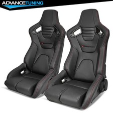 Bucket Racing Seat Reclinable Pair Dual Slider Black Pu Carbon Leather