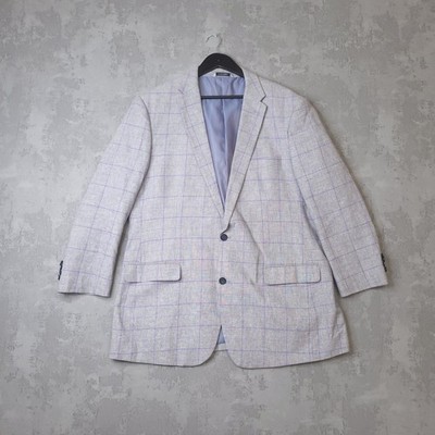 Samuel Windsor Blazer Men's 46S Grey Purple Linen Cotton Check Lapel Jacket