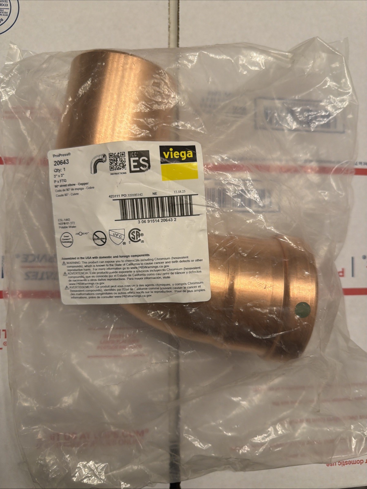 3” Viega 20643 ProPress Elbow Street 90° FTG X P Model 0916.1XL Copper Pipe