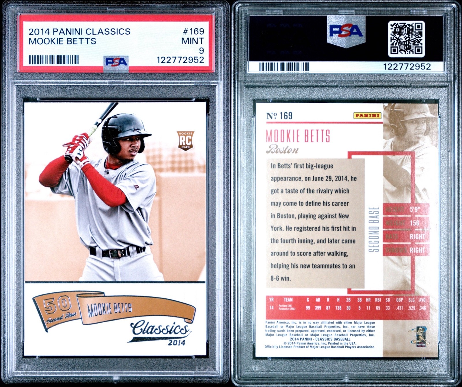 Mookie Betts 2014 Panini Classics #169 Rookie Card RC Red Sox Dodgers PSA 9 view 3