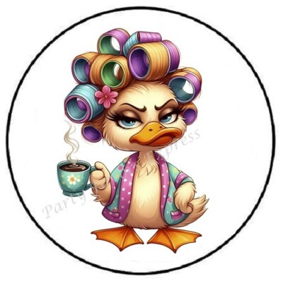 FUNNY DUCK WITH ROLLERS AND COFFEE ENVELOPE SEALS LABELS STICKERS PARTY FAVORS