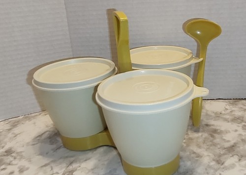 VTG Retro Tupperware Condiment Set Almond Harvest Gold w Spoon 757 - 9 - Picture 3 of 11