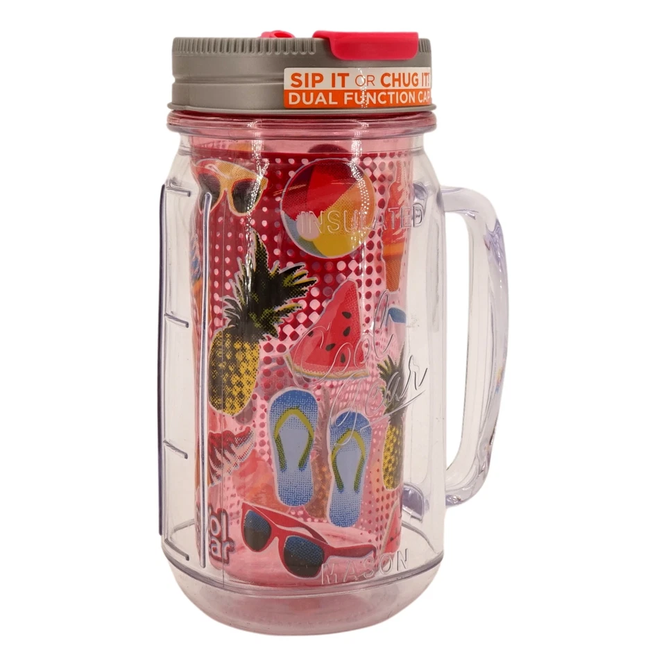 Insulated Mason Jar Tumbler Mug (Pink Tropical Beach, 16 oz, 7 in tall) with - Image 3 of 4