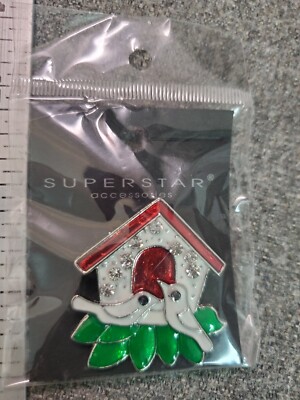 Vintage Christmas Dove Red Green Bird Feeder Gold Tone Pin 