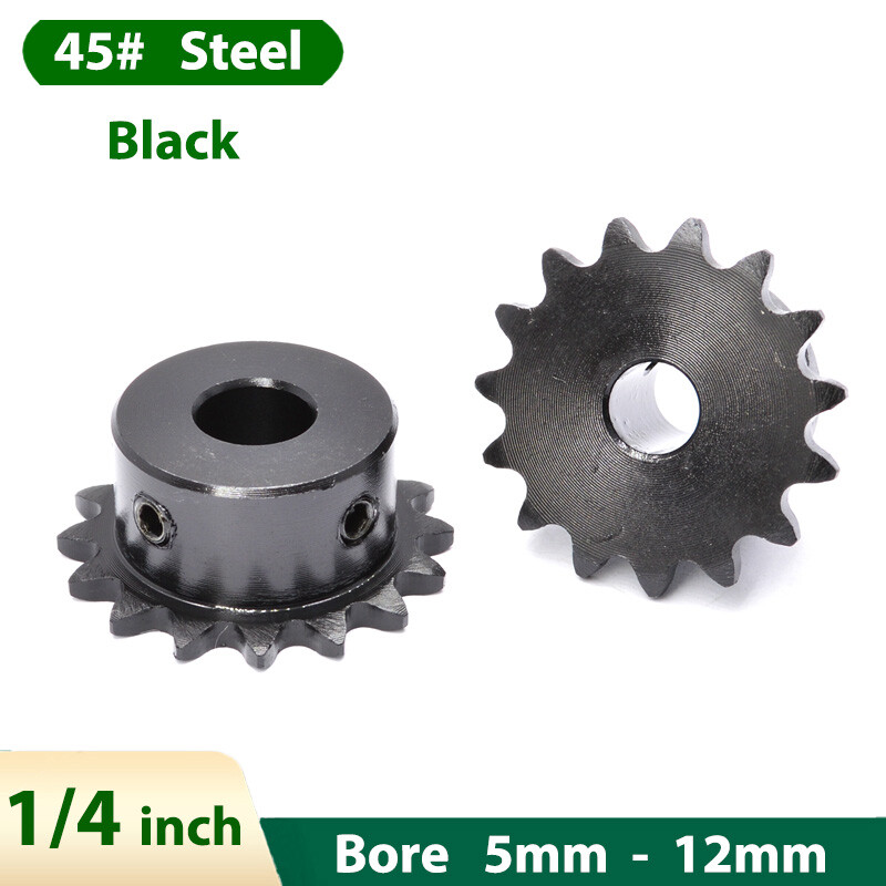 Black 45# Steel Roller Chain Drive Sprocket Gear 1/4 inch 9-14 Teeth with Steps