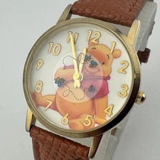 Disney MZB Winnie The Pooh Quartz Watch Unisex Gold Tone Leather New Battery