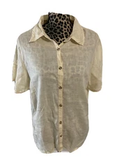 Avenue Shirt Women’s L 100% LINEN Yellow Button Up Short Sleeve Sheer