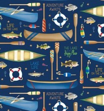 "Sail Away" Lake Life, Fishing, Fish Fabric 1yd BTY Blue Fast Ship LooK