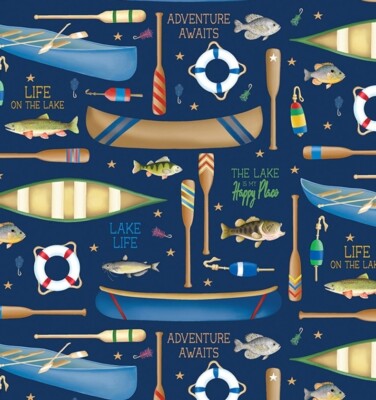 ''Sail Away'' Lake Life, Fishing, Fish Fabric! 1yd BTY Blue Fast Ship! LooK!