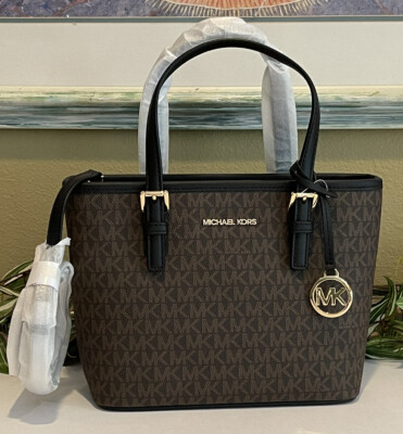 MICHAEL KORS JET SET TRAVEL XS ZIP CROSSBODY TOTE BAG MK BROWN SIGNATURE BLACK