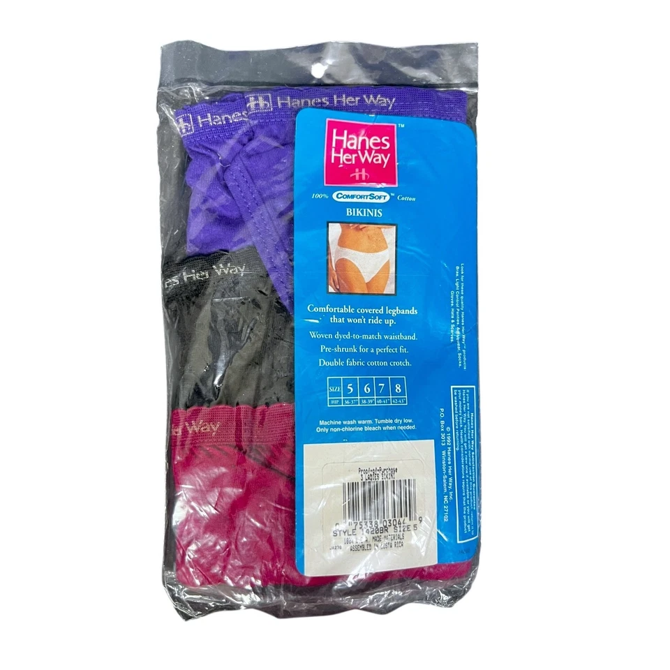 Paquete de 3 bragas de bikini de algodón Hanes Her Way para mujer talla 5 NUEVAS 1994 NUEVAS Foto 2 de 2