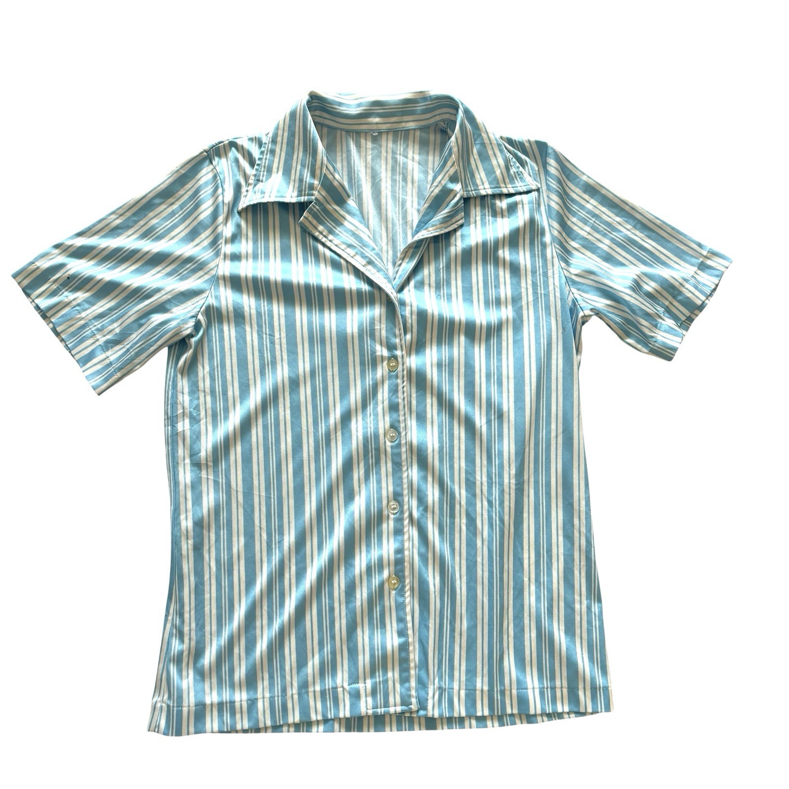 Womens Vintage 80s Shirt Blue White Striped Retro Indie 10 image 2