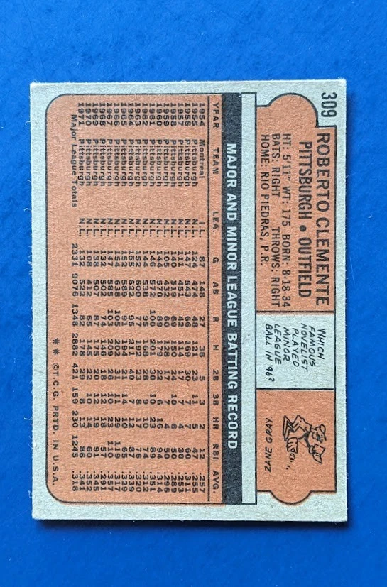 1972 Topps - Roberto Clemente Salón de la fama #309 - Piratas de Pittsburgh en muy buen estado/ex centrado Foto 2 de 3