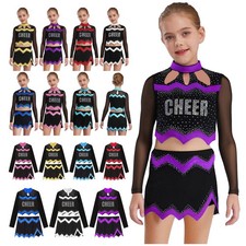 Kids Girls Cheer Leader Sparkly Rhinestone Dance Top With Pleated Mini Skirt Set