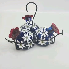 Vintage Painted Blossoms Parasol Hummingbird Feeder Nectar Blue Mexico Glass 