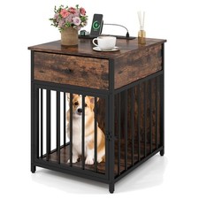 Multi-Functional Pet Cage End Table with Drawer  Charging Station, Rustic Brown