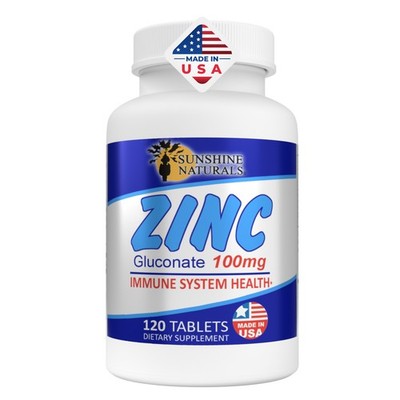 Sunshine Naturals Zinc Gluconate. Strong Immune System Booster. 100 mg. 120 Tabs
