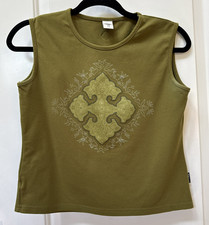 PrAna Women s Tank Top Y2K Sleeveless Green L Boho Cross Graphic Print Yoga Soft