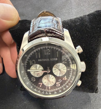 Michael Kors Chronograph Men's Quartz Wristwatch Brown Leather Strap Black Dial