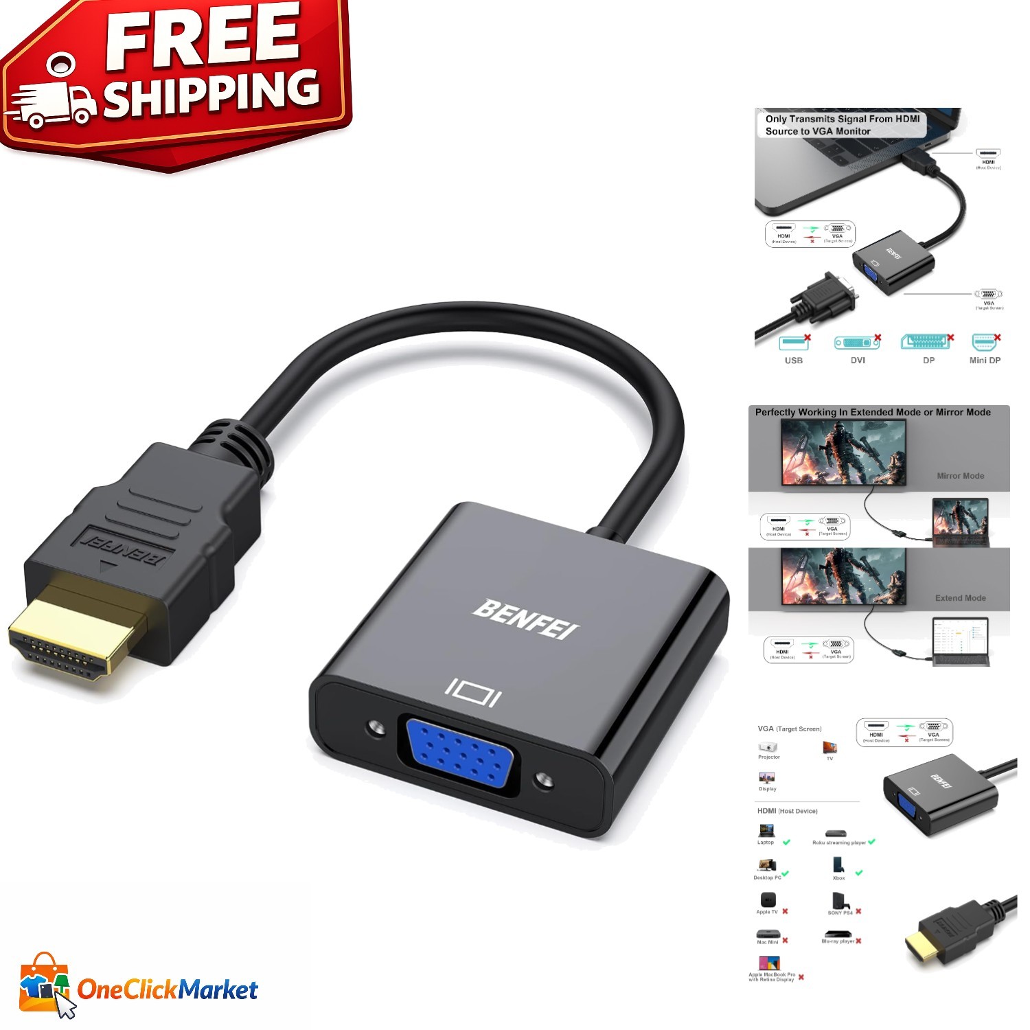 Gold-Plated HDMI to VGA Adapter - Compact 1920x1080 Converter for Laptops
