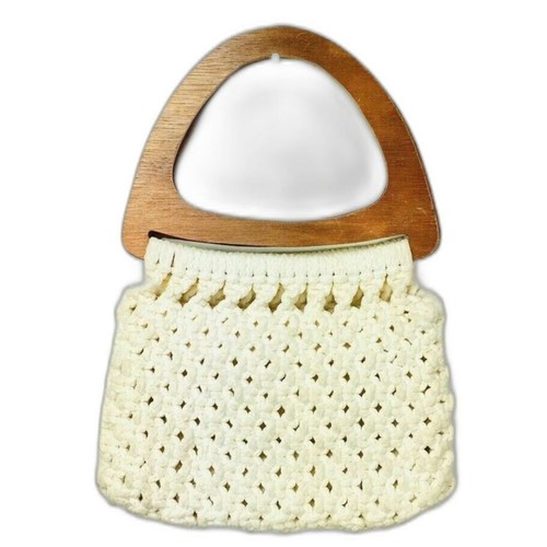 Vintage 70er Makramee Holz Griffe geflochten gehäkelt Boho Hippie Clutch Handtasche - Bild 3 von 4