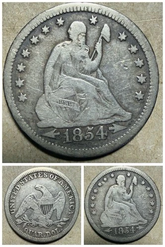 🔥 1854-P Seated Liberty Quarter 25c,  VG+  Details. Cleaned. Arrows. No Motto.