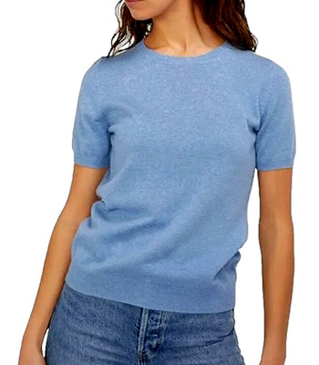 C Designer 100% Cashmere Short Sleeve Blue Crewneck Sweater -size XXL -msrp $168